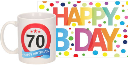 Bellatio Decorations Verjaardag cadeau mok/beker 70 jaar print 300 ml + A5-size wenskaart Happy Birthday