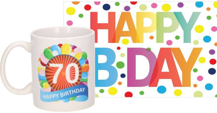 Bellatio Decorations Verjaardag cadeau mok/beker 70 jaar print 300 ml + A5-size wenskaart Happy Birthday