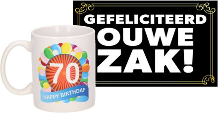 Bellatio Decorations Verjaardag cadeau mok/beker 70 jaar print 300 ml + A5-size wenskaart ouwe zak