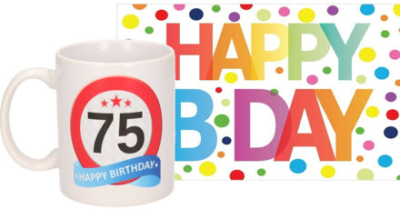 Bellatio Decorations Verjaardag cadeau mok/beker 75 jaar print 300 ml + A5-size wenskaart Happy Birthday