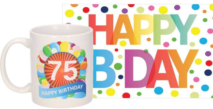Bellatio Decorations Verjaardag cadeau mok/beker 75 jaar print 300 ml + A5-size wenskaart Happy Birthday