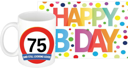 Bellatio Decorations Verjaardag cadeau mok/beker 75 jaar print 300 ml + A5-size wenskaart Happy Birthday