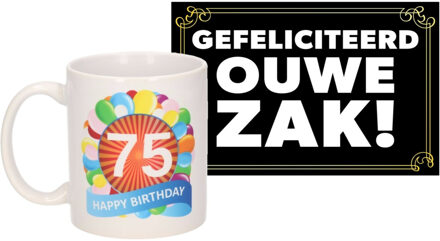 Bellatio Decorations Verjaardag cadeau mok/beker 75 jaar print 300 ml + A5-size wenskaart ouwe zak