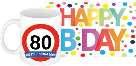 Bellatio Decorations Verjaardag cadeau mok/beker 80 jaar print 300 ml + A5-size wenskaart Happy Birthday