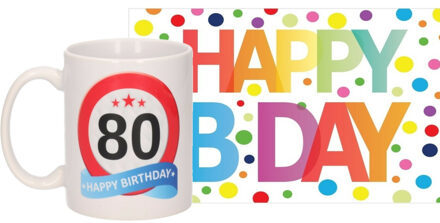 Bellatio Decorations Verjaardag cadeau mok/beker 80 jaar print 300 ml + A5-size wenskaart Happy Birthday