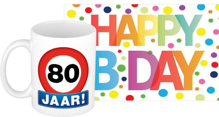 Bellatio Decorations Verjaardag cadeau mok/beker 80 jaar print 300 ml + A5-size wenskaart Happy Birthday