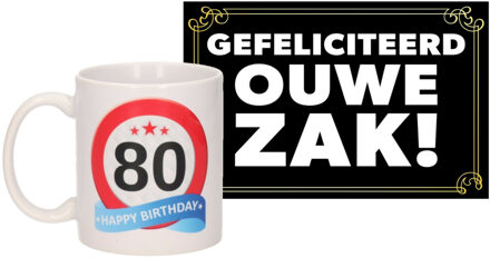 Bellatio Decorations Verjaardag cadeau mok/beker 80 jaar print 300 ml + A5-size wenskaart ouwe zak