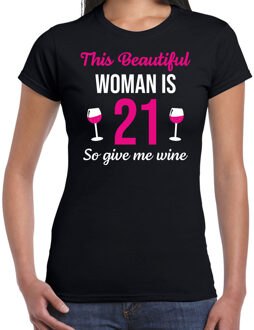 Bellatio Decorations Verjaardag cadeau t-shirt 21 jaar - this beautiful woman is 21 give wine zwart voor dames XS