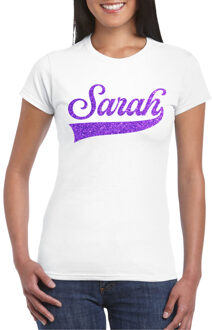 Bellatio Decorations Verjaardag cadeau T-shirt voor dames - Sarah - wit - glitter paars - 50 jaar 2XL