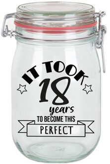 Bellatio Decorations Verjaardag cadeau voorraadpot - leeftijd 18 jaar - glas - 1 liter -? snoeppot