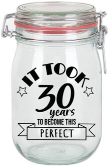 Bellatio Decorations Verjaardag cadeau voorraadpot - leeftijd 30 jaar - glas - 1 liter -? snoeppot Transparant