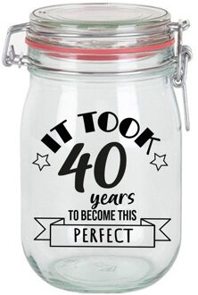 Bellatio Decorations Verjaardag cadeau voorraadpot - leeftijd 40 jaar - glas - 1 liter - snoeppot Transparant