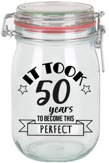 Bellatio Decorations Verjaardag cadeau voorraadpot - leeftijd 50 jaar - glas - 1 liter - snoeppot - Abraham/Sarah