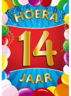 Bellatio Decorations Verjaardag deurposter - 14 jaar - multi - 59 x 84 cm - leeftijd feestartikelen