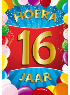 Bellatio Decorations Verjaardag deurposter - 16 jaar - multi - 59 x 84 cm - leeftijd feestartikelen