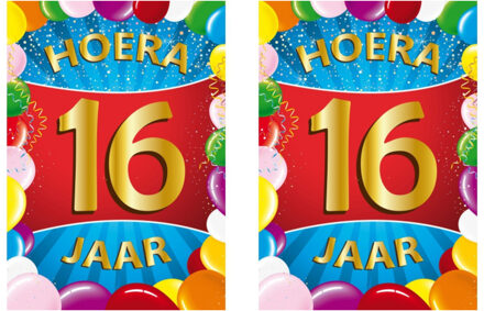 Bellatio Decorations Verjaardag deurposter - 2x - 16 jaar - multi - 59 x 84 cm - leeftijd feestartikelen