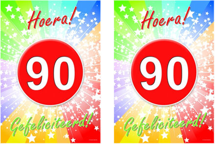 Bellatio Decorations Verjaardag deurposter - 2x - 90 jaar - 59 x 42 cm - leeftijd feestartikelen