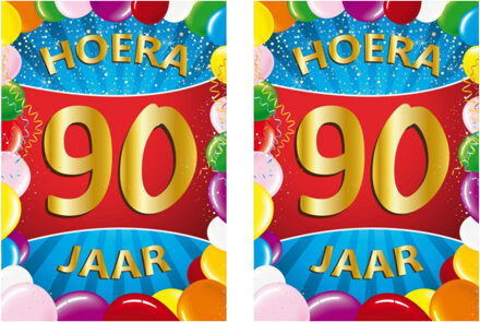 Bellatio Decorations Verjaardag deurposter - 2x - 90 jaar - multi - 59 x 84 cm - leeftijd feestartikelen