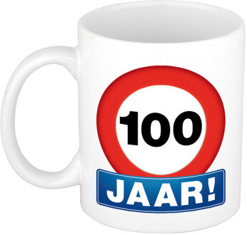 Bellatio Decorations Verjaardag koffiemok - drink beker - thema 100 jaar - leeftijd verkeersbord - 300 ml - keramiek