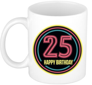 Bellatio Decorations Verjaardag mok / beker - happy birthday 25 jaar - neon - 300 ml - verjaardagscadeau