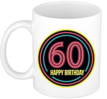Bellatio Decorations Verjaardag mok / beker - happy birthday 60 jaar - neon - 300 ml - feest mokken Multikleur