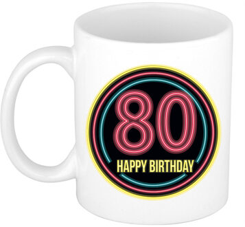 Bellatio Decorations Verjaardag mok / beker - happy birthday 80 jaar - neon - 300 ml - feest mokken Multikleur