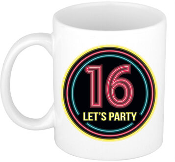 Bellatio Decorations Verjaardag mok / beker - Lets party 16 jaar - neon - 300 ml - verjaardagscadeau