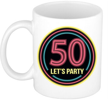 Bellatio Decorations Verjaardag mok / beker - Lets party 50 jaar - neon - 300 ml - feest mokken Zwart