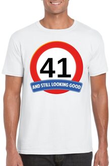 Bellatio Decorations Verkeersbord 41 jaar t-shirt wit heren L