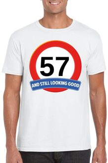 Bellatio Decorations Verkeersbord 57 jaar t-shirt wit heren 2XL