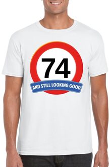 Bellatio Decorations Verkeersbord 74 jaar t-shirt wit heren 2XL