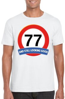 Bellatio Decorations Verkeersbord 77 jaar t-shirt wit heren