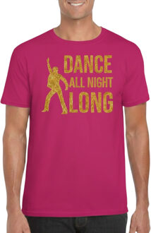 Bellatio Decorations Verkleed Disco T-shirt voor heren - dance all night long - gouden glitter print - roze - 70 / 80