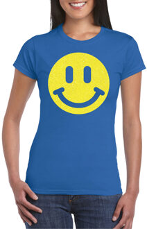 Bellatio Decorations Verkleed shirt dames - smiley - blauw - carnaval/foute party - feestkleding 2XL