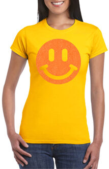 Bellatio Decorations Verkleed shirt dames - smiley - geel - carnaval/foute party - feestkleding 2XL