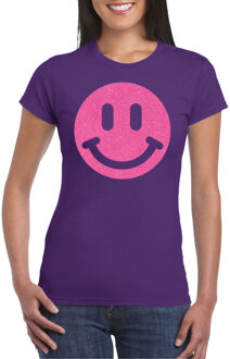 Bellatio Decorations Verkleed shirt dames - smiley - paars - carnaval/foute party - feestkleding 2XL