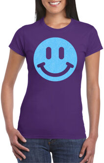 Bellatio Decorations Verkleed shirt dames - smiley - paars - carnaval/foute party - feestkleding L