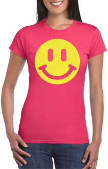 Bellatio Decorations Verkleed shirt dames - smiley - roze - carnaval/foute party - feestkleding M