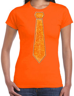 Bellatio Decorations Verkleed shirt dames - stropdas glitter oranje - oranje - carnaval - foute party 2XL