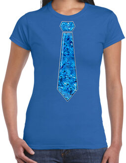 Bellatio Decorations Verkleed shirt dames - stropdas paillet blauw - blauw - carnaval - foute party XS