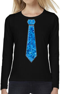 Bellatio Decorations Verkleed shirt dames - stropdas paillet blauw - zwart - carnaval - longsleeve XS