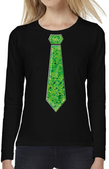 Bellatio Decorations Verkleed shirt dames - stropdas paillet groen - zwart - carnaval - longsleeve 2XL