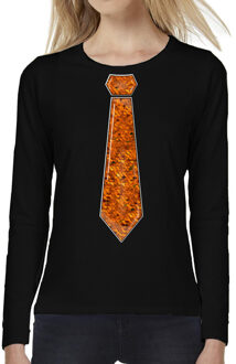 Bellatio Decorations Verkleed shirt dames - stropdas paillet oranje - zwart - carnaval - longsleeve 2XL