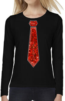 Bellatio Decorations Verkleed shirt dames - stropdas paillet rood - zwart - carnaval - longsleeve 2XL