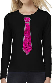 Bellatio Decorations Verkleed shirt dames - stropdas paillet roze - zwart - carnaval - longsleeve 2XL