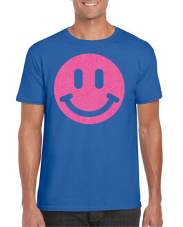 Bellatio Decorations Verkleed shirt heren - smiley - blauw - carnaval/foute party - feestkleding 2XL