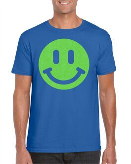 Bellatio Decorations Verkleed shirt heren - smiley - blauw - carnaval/foute party - feestkleding 2XL