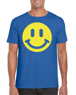 Bellatio Decorations Verkleed shirt heren - smiley - blauw - carnaval/foute party - feestkleding L