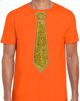 Bellatio Decorations Verkleed shirt heren - stropdas glitter goud - oranje - carnaval - foute party 2XL