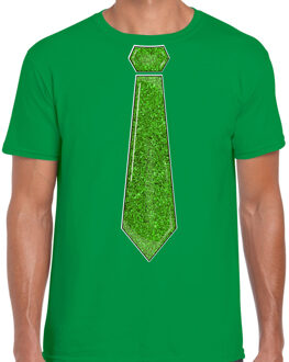 Bellatio Decorations Verkleed shirt heren - stropdas glitter groen - groen - carnaval - foute party 2XL